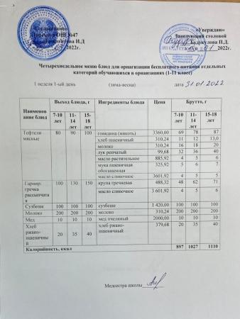 МЕНЮ (ЗИМА-ВЕСНА) 1 неделя 1 день (31.01.2022 г.)