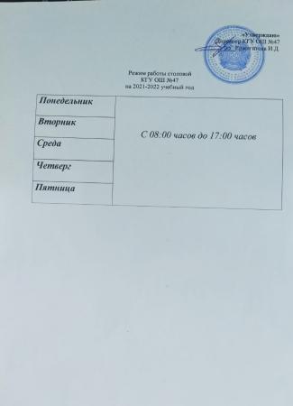 График работы столовой  2021-2022 учебный год