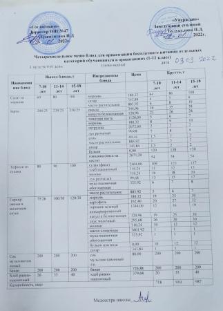 МЕНЮ (Зима- Весна) 1 неделя 4 день 03.03.2022 г.