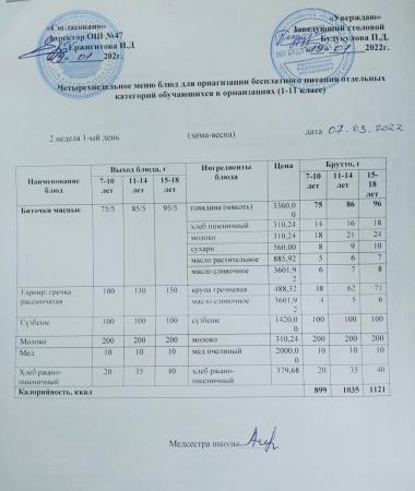 МЕНЮ (Зима- Весна) 2 неделя 1 день 07.03.2022 г.