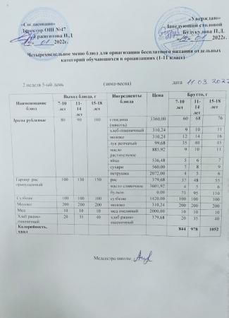 МЕНЮ (Зима- Весна) 2 неделя 5 день 11.03.2022 г.