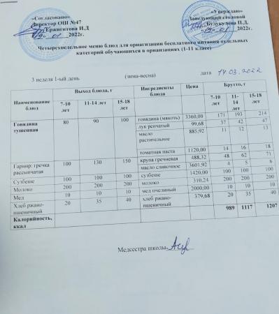 МЕНЮ (Зима- Весна) 3 неделя 1 день 14.03.2022 г.