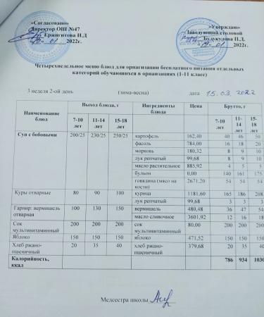 МЕНЮ (Зима- Весна) 3 неделя 2 день 15.03.2022 г.