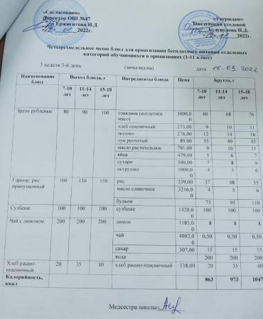 МЕНЮ (Зима- Весна) 3 неделя 3 день 16.03.2022 г.