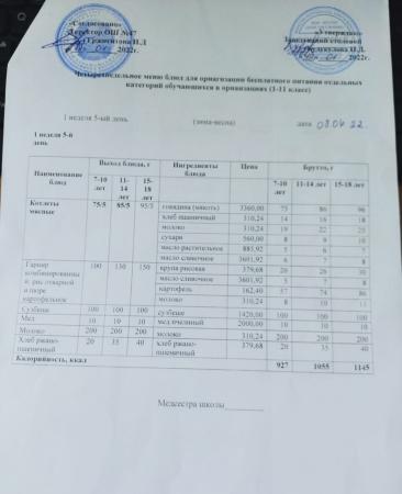 МЕНЮ (Зима- Весна) 1 неделя 5 день 08.04.2022 г.