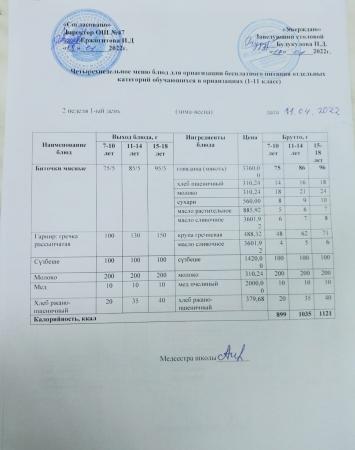МЕНЮ (Зима- Весна) 2 неделя 1 день 11.04.2022 г.