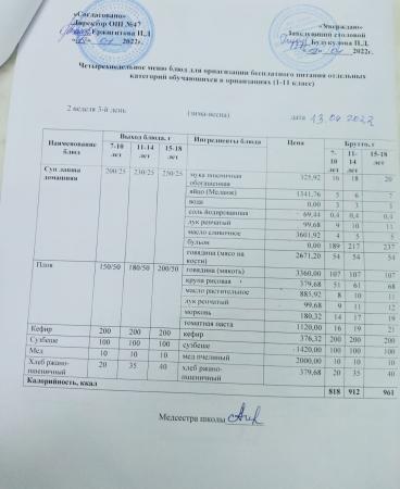 МЕНЮ (Зима- Весна) 2 неделя 3 день 13.04.2022 г.