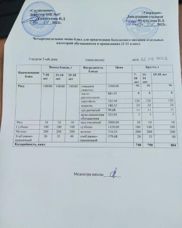 МЕНЮ (Зима- Весна) 3 неделя 5 день 22.04.2022 г.