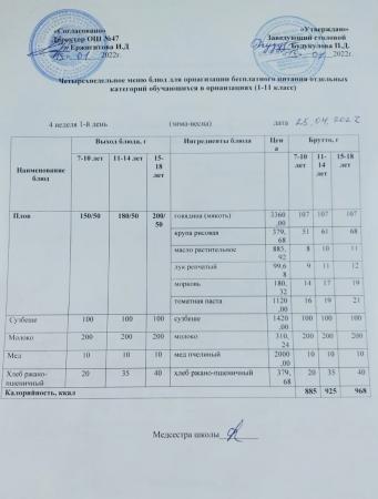 МЕНЮ (Зима- Весна) 4 неделя 1 день 25.04.2022 г.