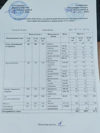 МЕНЮ (Зима- Весна) 4 неделя 2 день 26.04.2022 г.