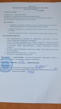 АКТ проверки в школьной столовой комиссией по мониторингу за качеством питания