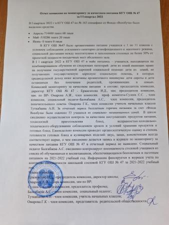 Отчет комиссии по мониторингу за качеством питания КГУ ОШ №47 за II квартал 2022 год