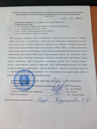 Мектеп асханасын мониторингтік комиссияның тексеру нәтижелері туралы білім алушылардың тамақтануын ұйымдастыру мен сапасын бақылау бойынша   АКТ № 2