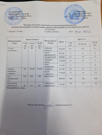 Ас мәзірі 2 апта 1-ші күн
