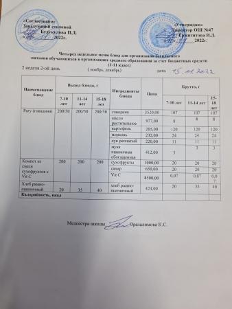 Ас мәзірі 2 апта 2-ші күн