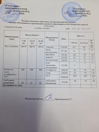 Ас мәзірі 2 апта 2-ші күн