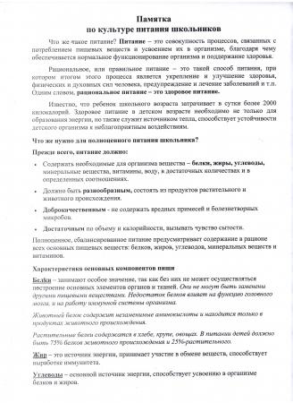 Памятка по культуре питания школьников